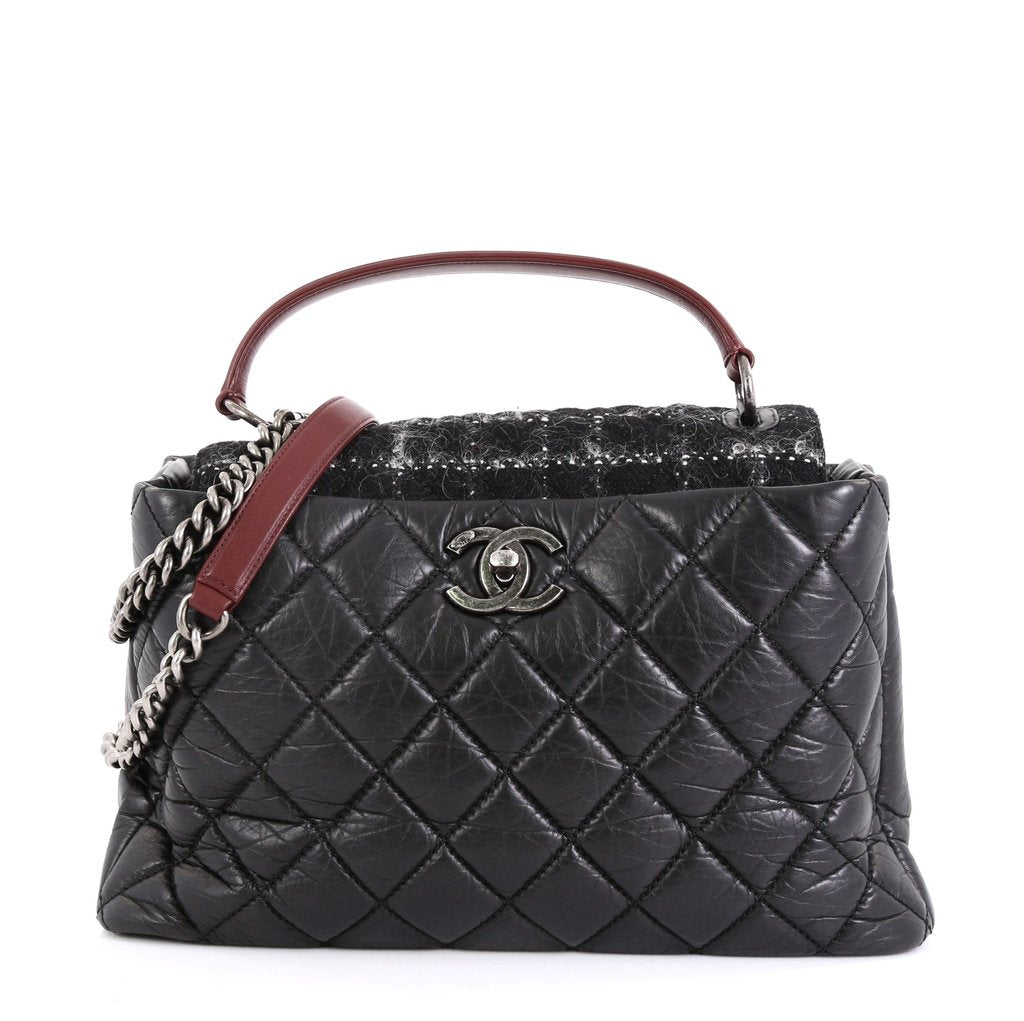 Chanel Portobello Top Handle Bag Quilted Aged Calfskin And Tweed Large 